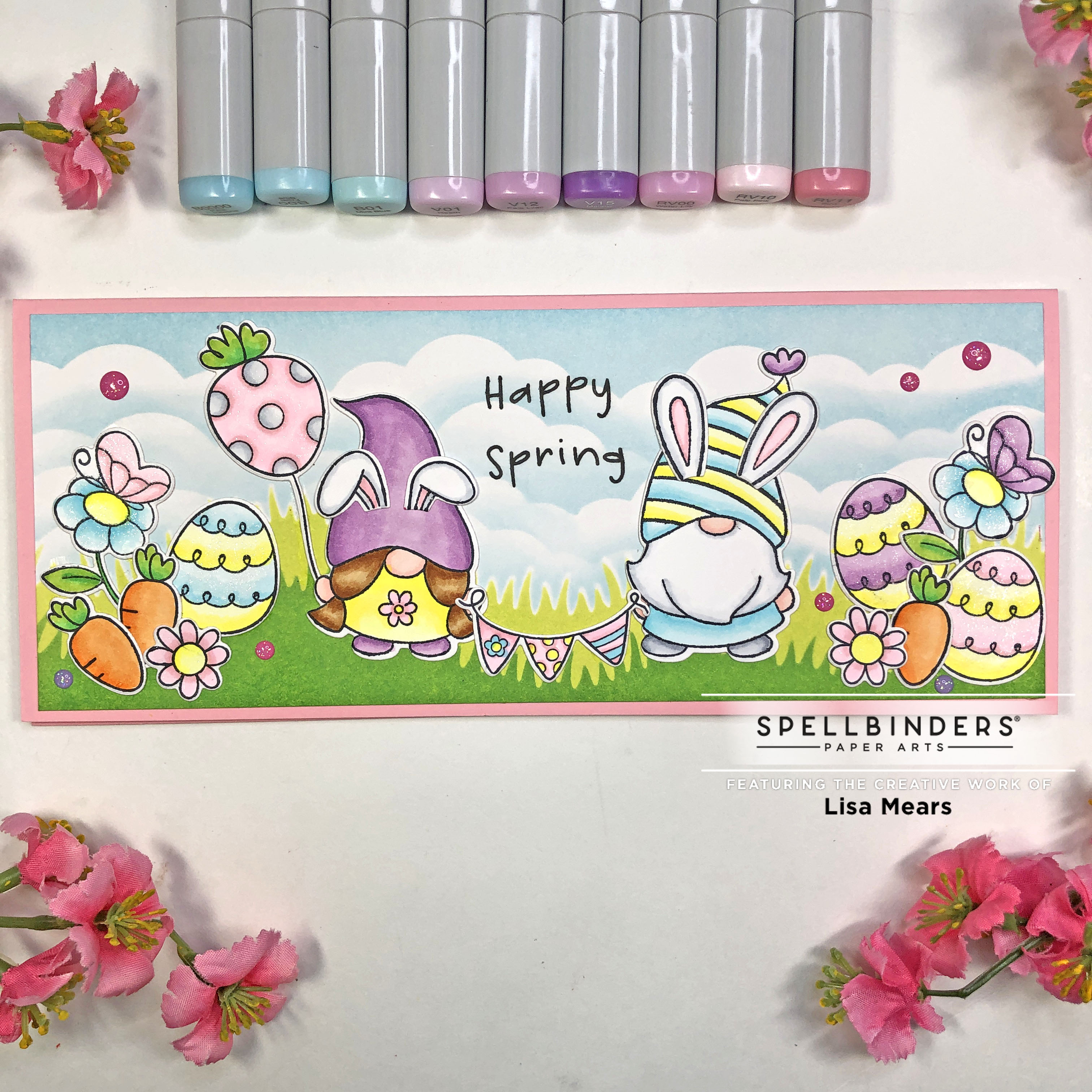 Spellbinders March 2022 Clear Stamp of the Month - Gnomes - Spring Card - Easter Card - Slimline Scene Card