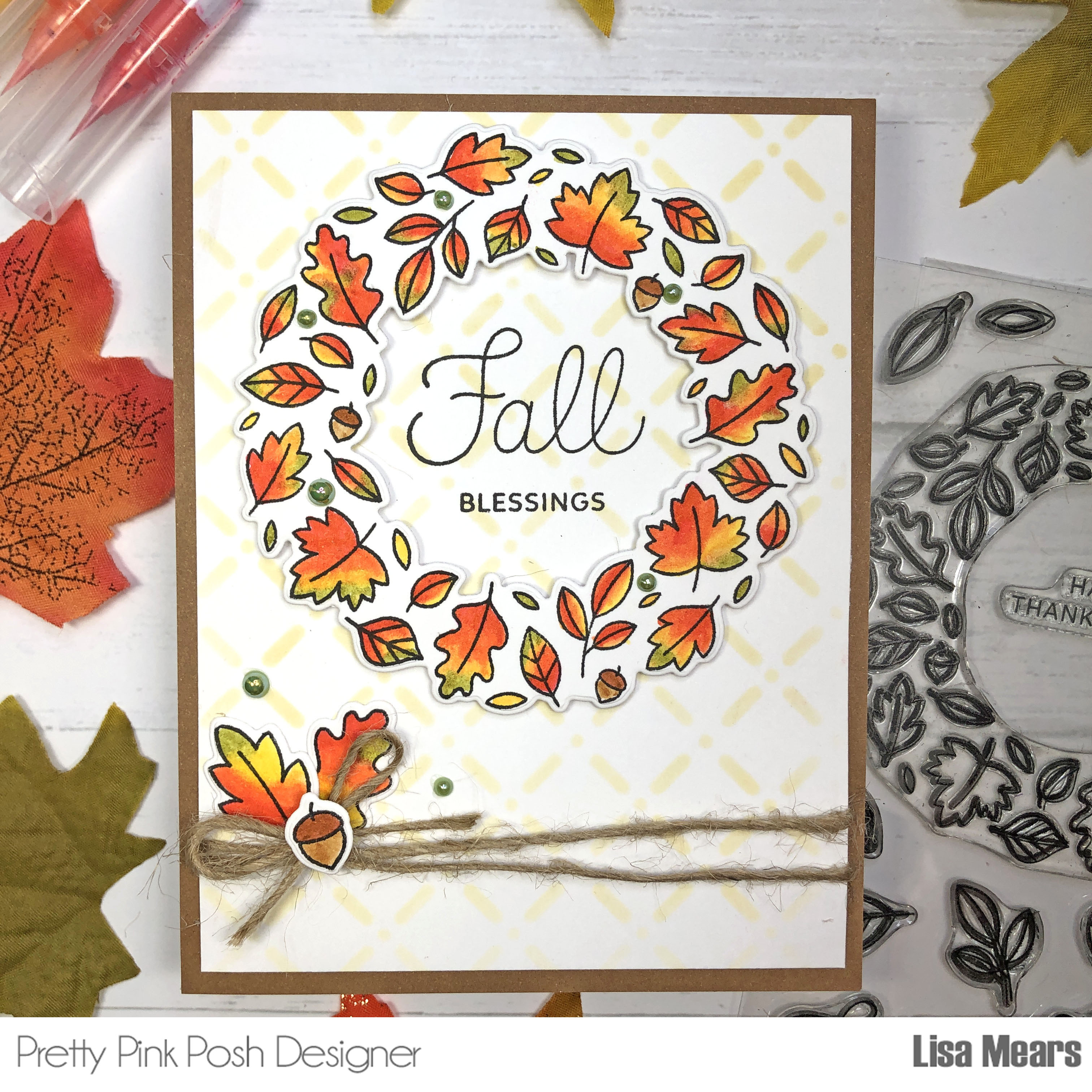 Autumn Leaf Wreath Handmade Card - Pretty Pink Posh - Fall Wreath Card - Autumn Wreath Card - Coloring Autumn Leaves