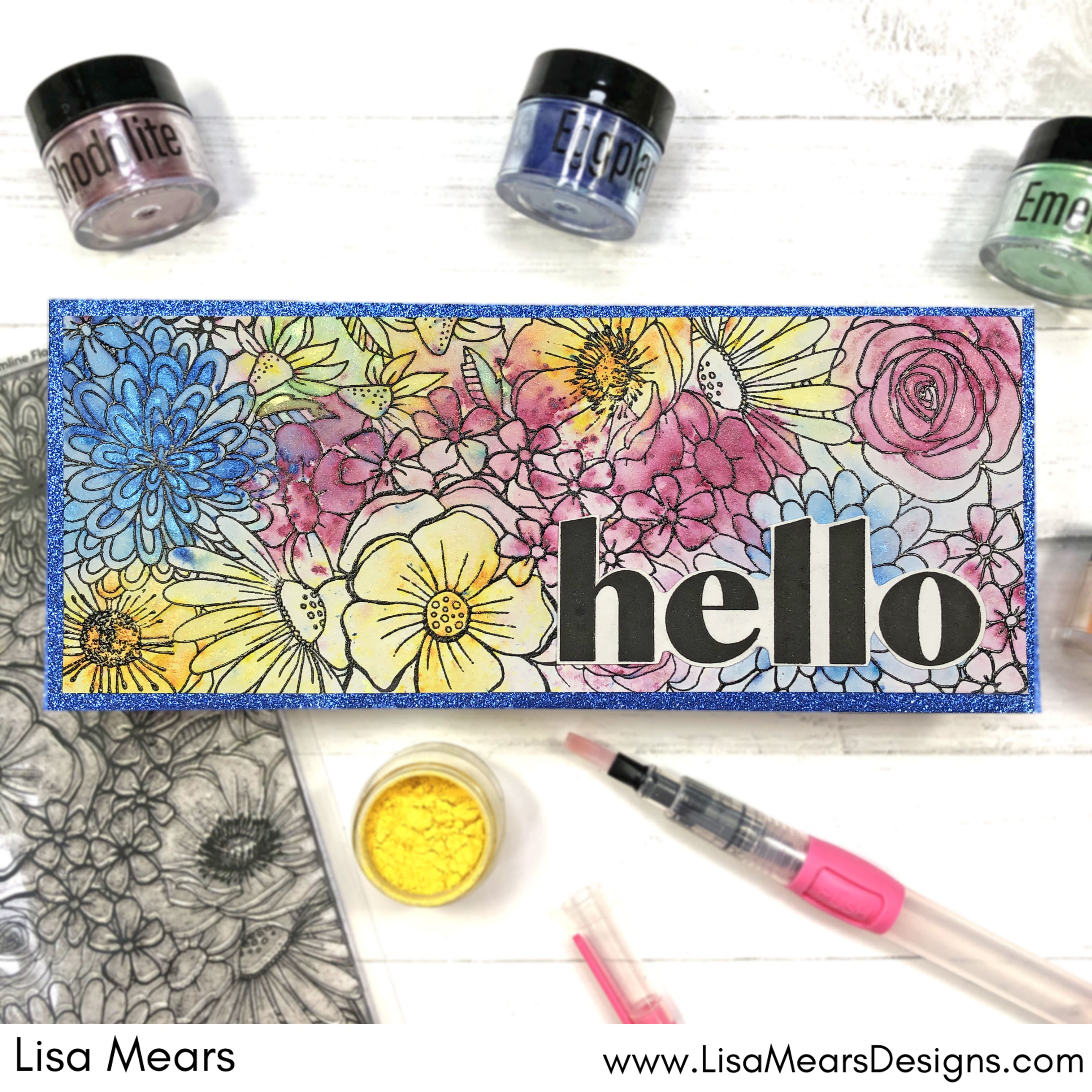 Using Watercolor Powders with Pink and Main Water Gems - Scrapbook.com Slimline Floral Stamp
