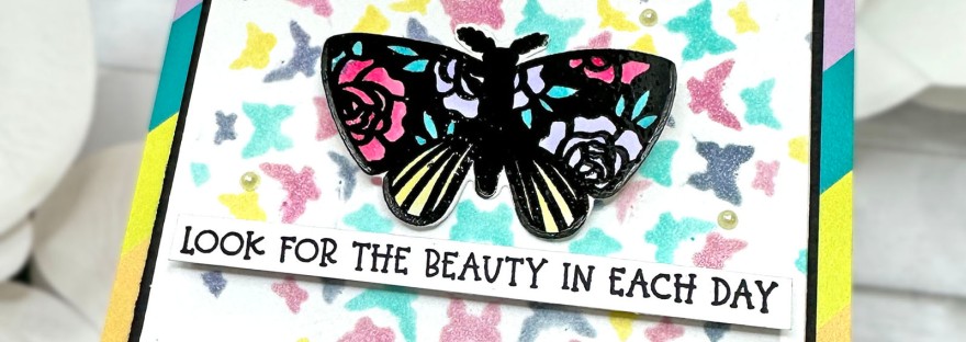Pink and Main Radiating Butterflies Stencil, Wings of Whimsy Stamp, Butterfly Card
